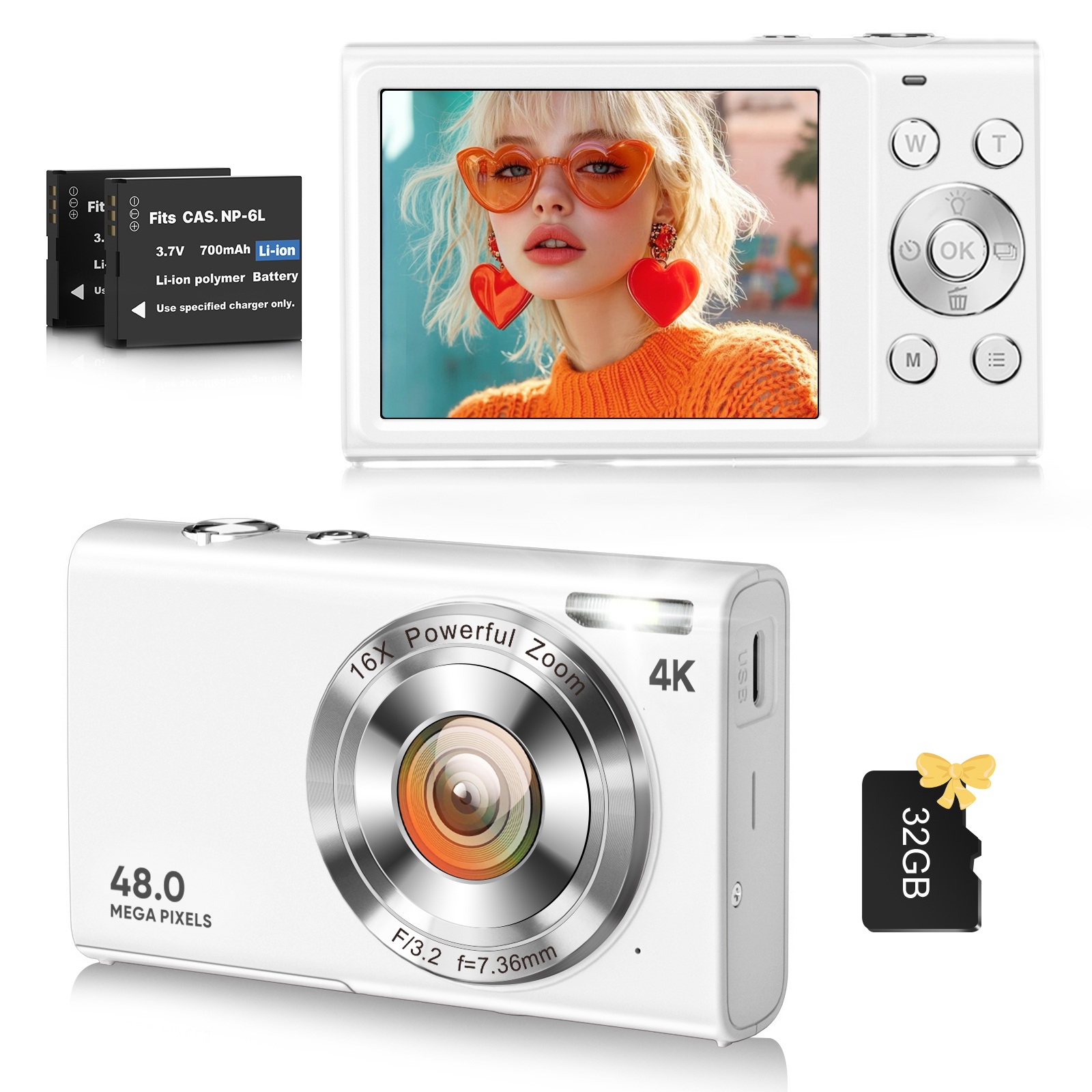 Digital Camera, 4K Vlogging Camera for YouTube Autofocus 48MP UHD Cameras for Photography with Anti-Shake, 16X Digital Zoom Point and Shoot Digital Camera with 32GB Card for Teens Adult Beginner-White